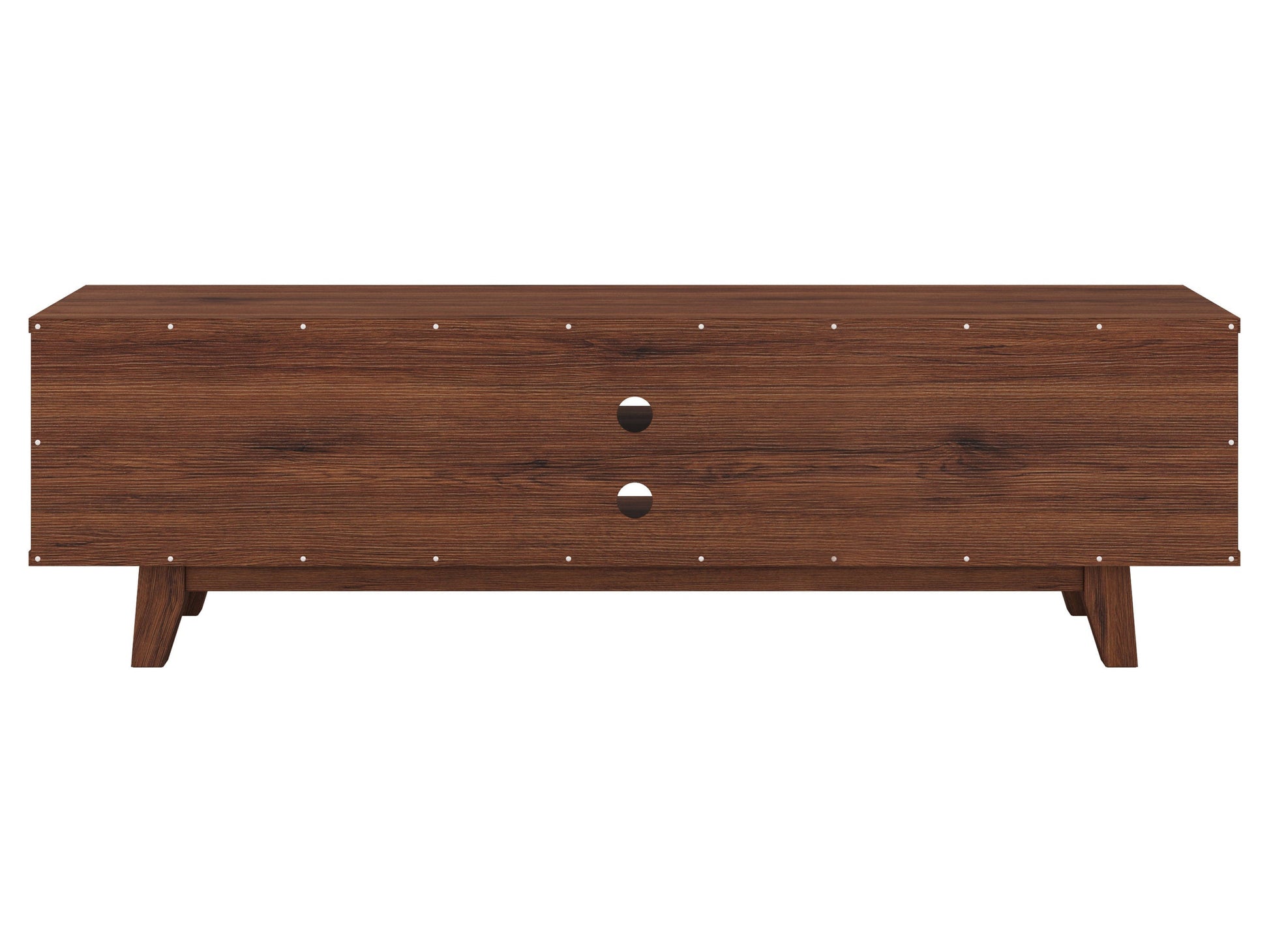 White and dark brown wood TV stand for TVs up to 68 inches, minimalist design, open shelving, and cable management.