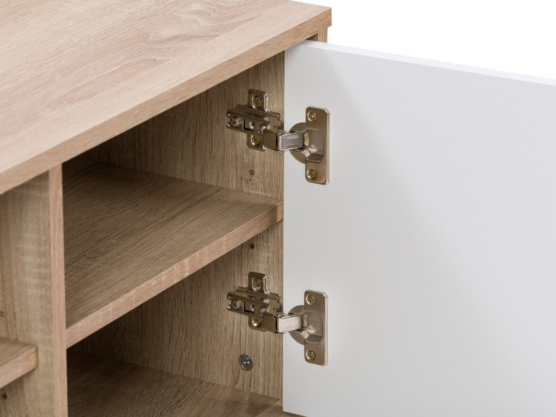 Brown and white modern TV stand for TVs up to 55 inches, featuring sleek design and ample storage shelves.