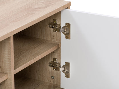 Brown and white modern TV stand for TVs up to 55 inches, featuring sleek design and ample storage shelves.