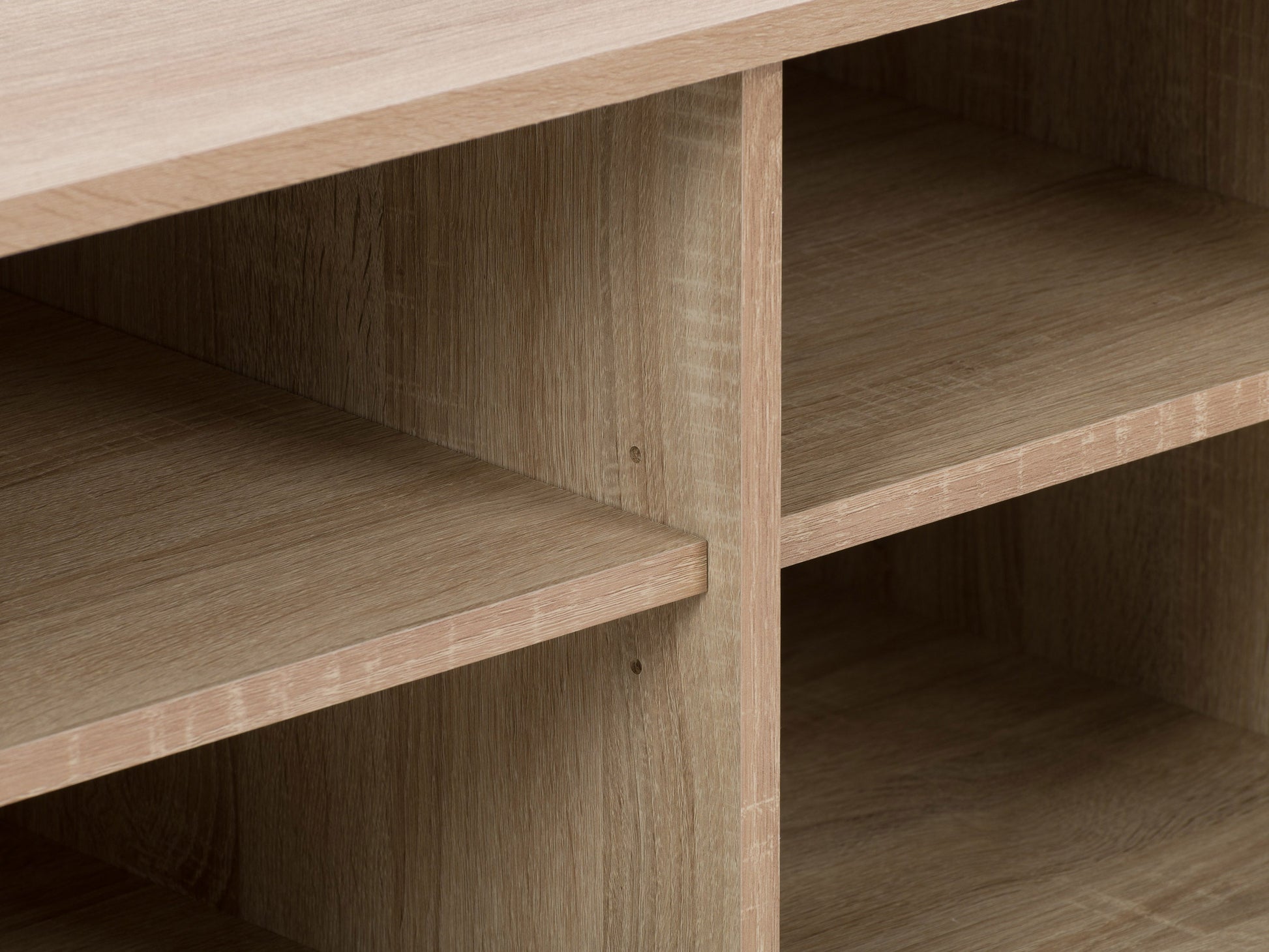 Brown and white modern TV stand, fits TVs up to 55 inches, sleek design with open shelves and closed cabinets.