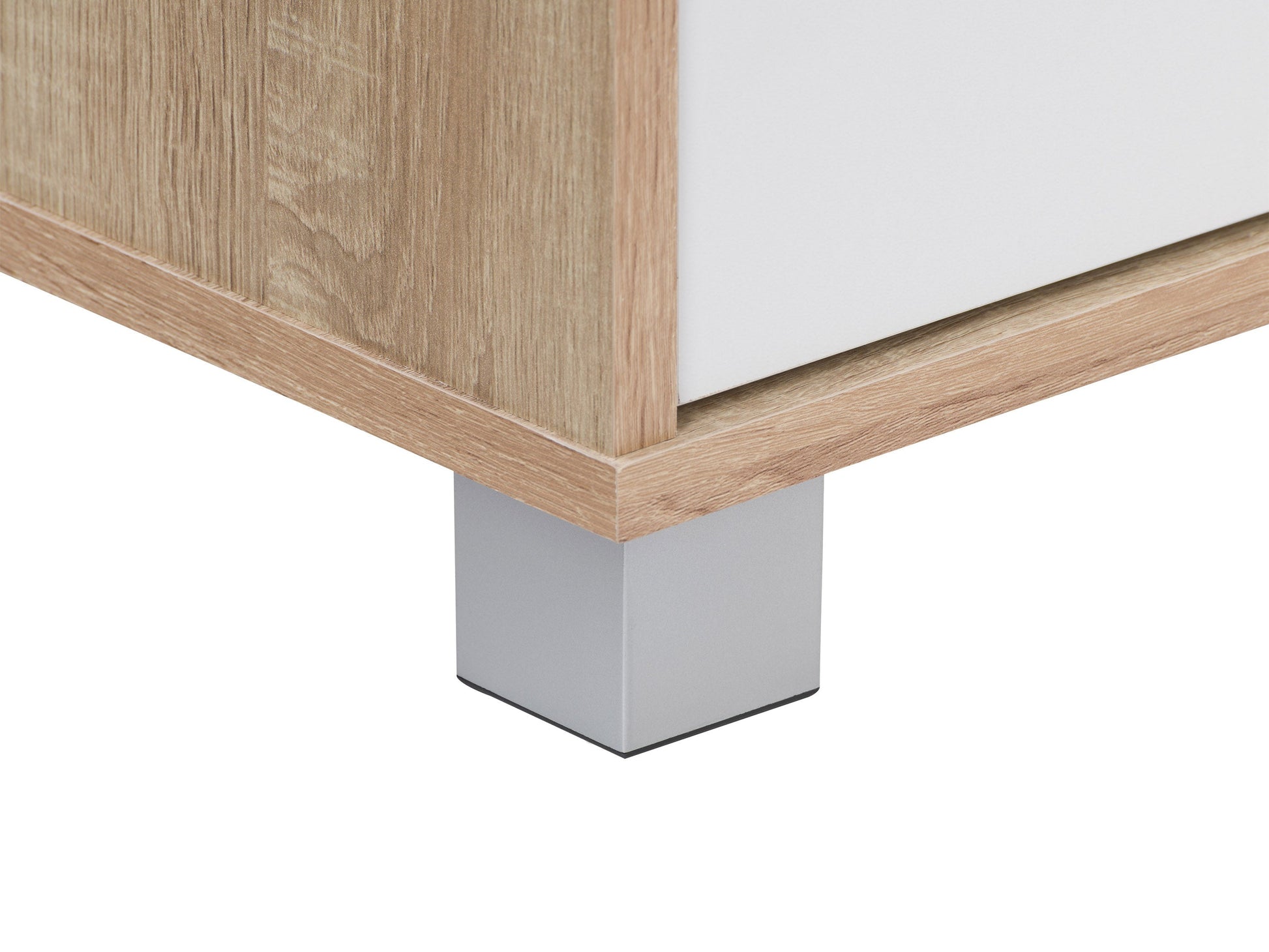 Brown and white modern TV stand, fits TVs up to 55 inches, with open shelving and sleek minimalist design.