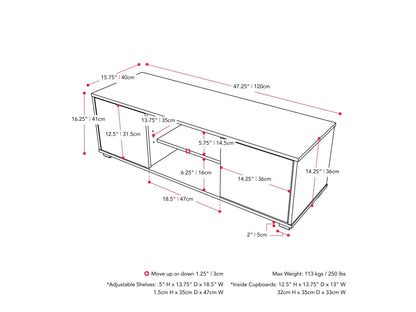 Brown and white modern TV stand, fits TVs up to 55 inches, sleek design with storage shelves and minimalist aesthetic.