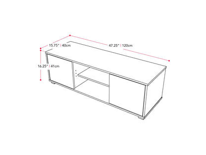 Brown and white modern TV stand for 55" TVs, featuring sleek design, open shelves, and sturdy construction.