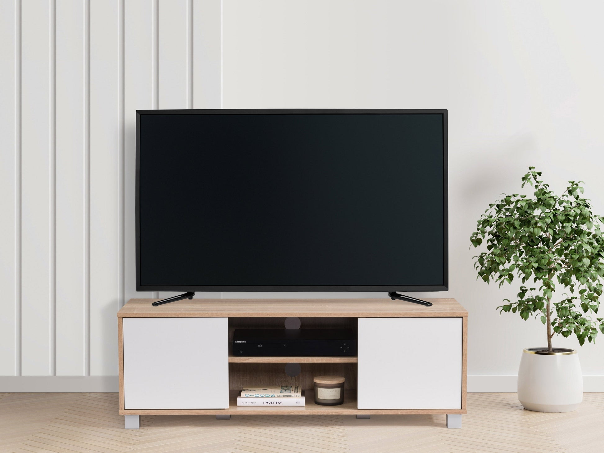 Brown and white modern TV stand for TVs up to 55 inches, featuring sleek lines and ample storage compartments.