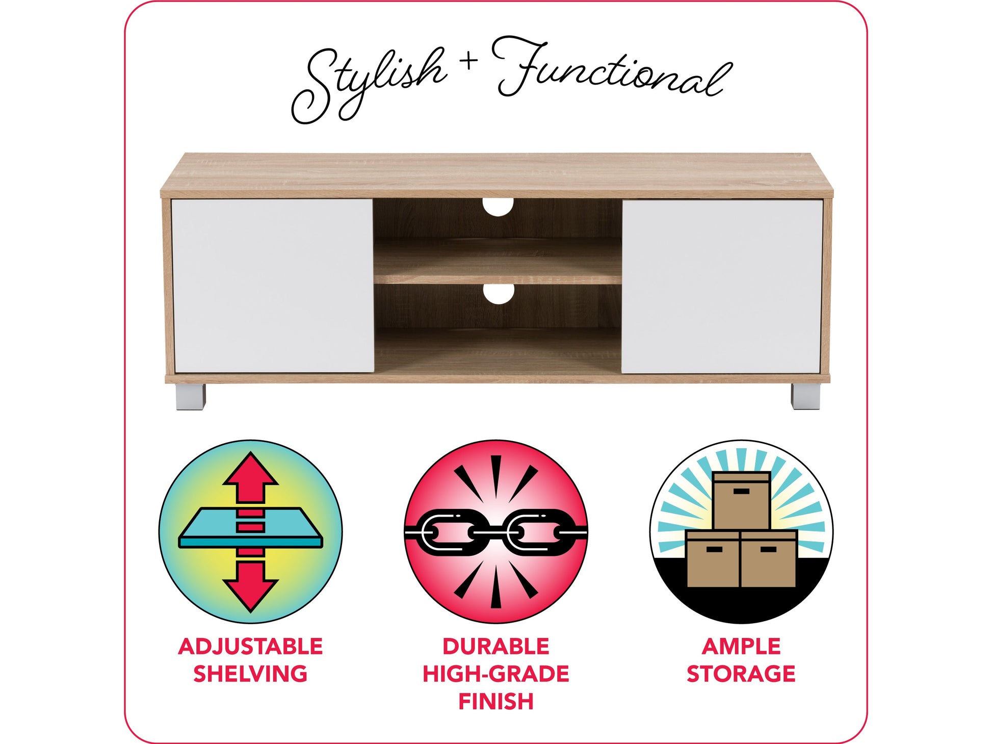 Modern brown and white TV stand for 55" TVs, featuring open shelving, sleek design, and sturdy construction.