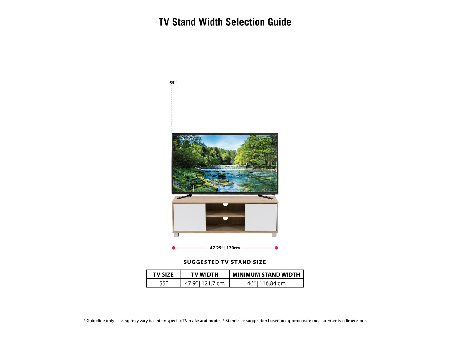 Modern brown and white TV stand for 55-inch TVs, featuring open shelves and sleek design