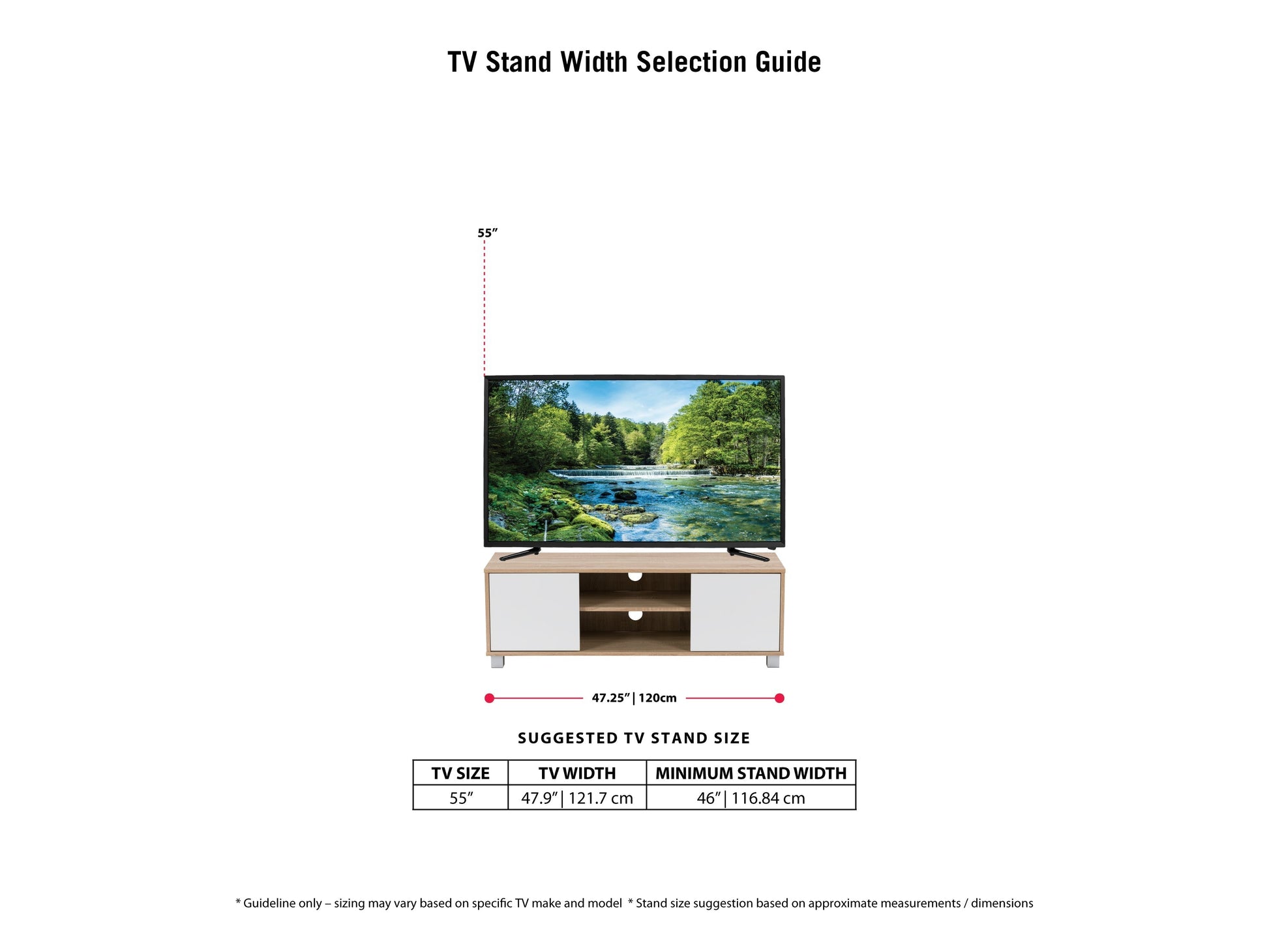 Modern brown and white TV stand for 55-inch TVs, featuring open shelves and sleek design