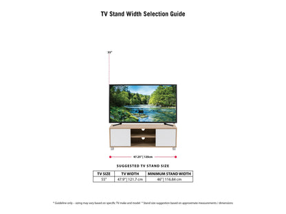 Modern brown and white TV stand for 55-inch TVs, featuring open shelves and sleek design