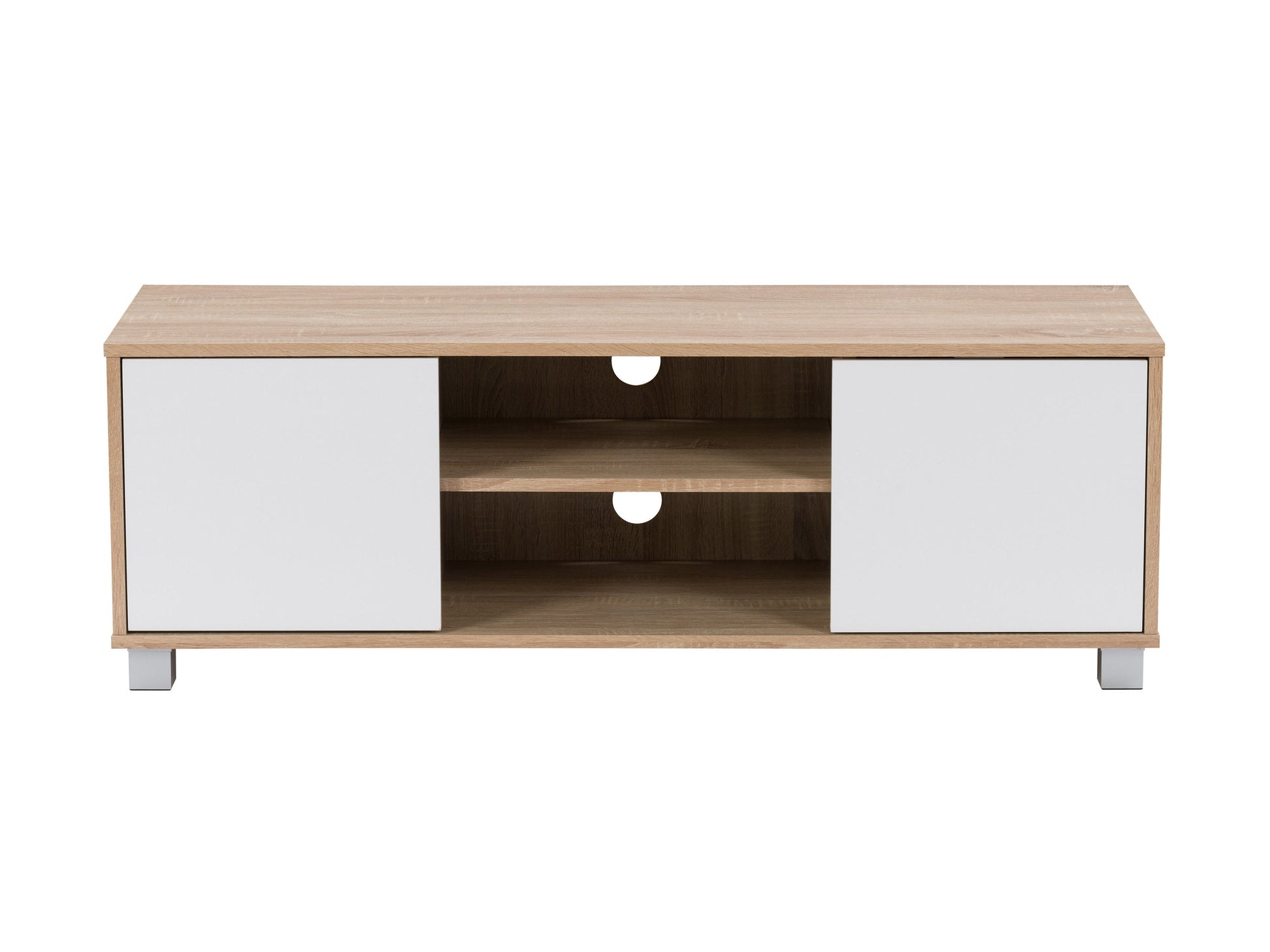 Brown and white modern TV stand, fits up to 55" TVs, with sleek design and ample storage shelves.
