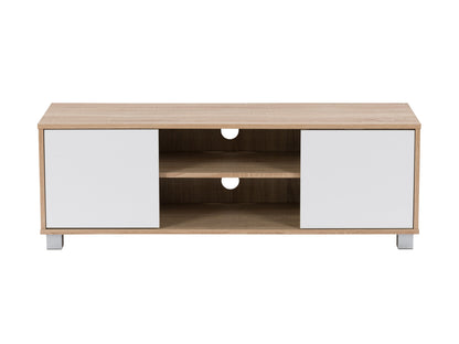 Brown and white modern TV stand, fits up to 55" TVs, with sleek design and ample storage shelves.