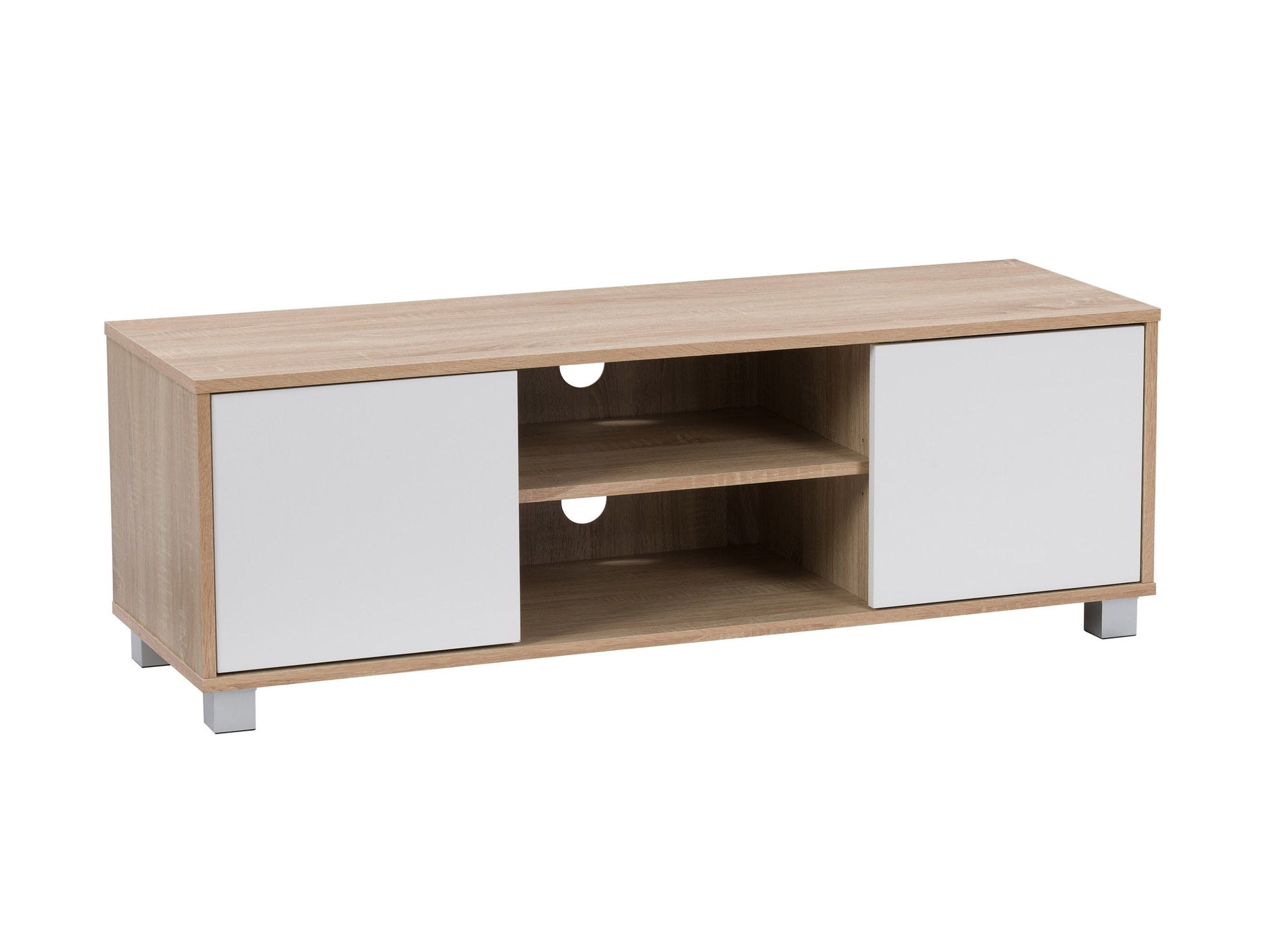 Brown and white modern TV stand for TVs up to 55 inches with sleek design, storage shelves, and minimalist aesthetic.
