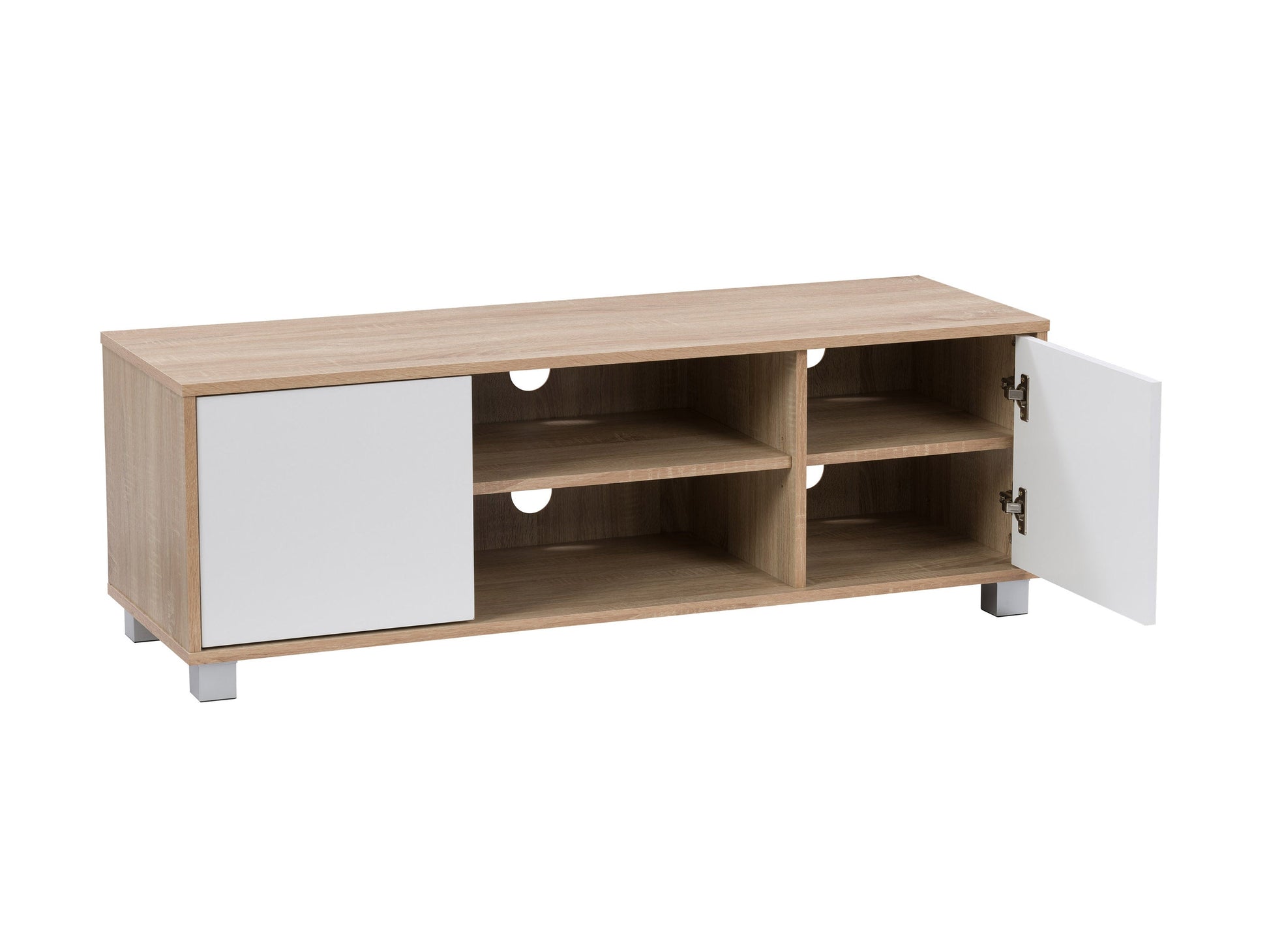 Brown and white modern TV stand for 55" TVs, featuring sleek design, open shelves, and minimalist style.