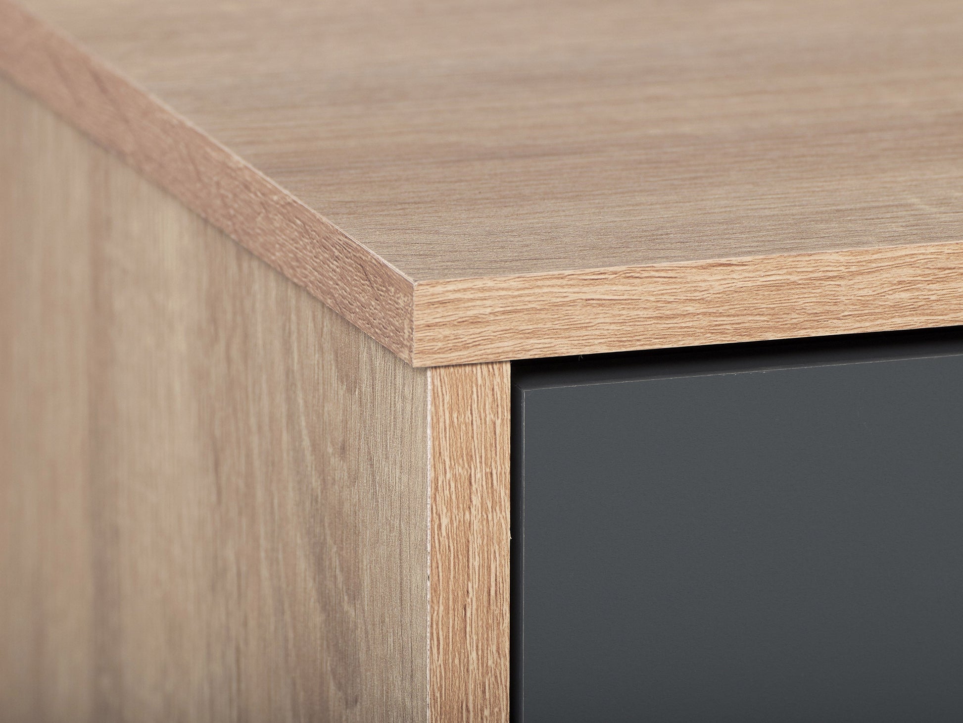 Light wood and grey TV stand with open and closed storage, fits TVs up to 85 inches, modern minimalist design.