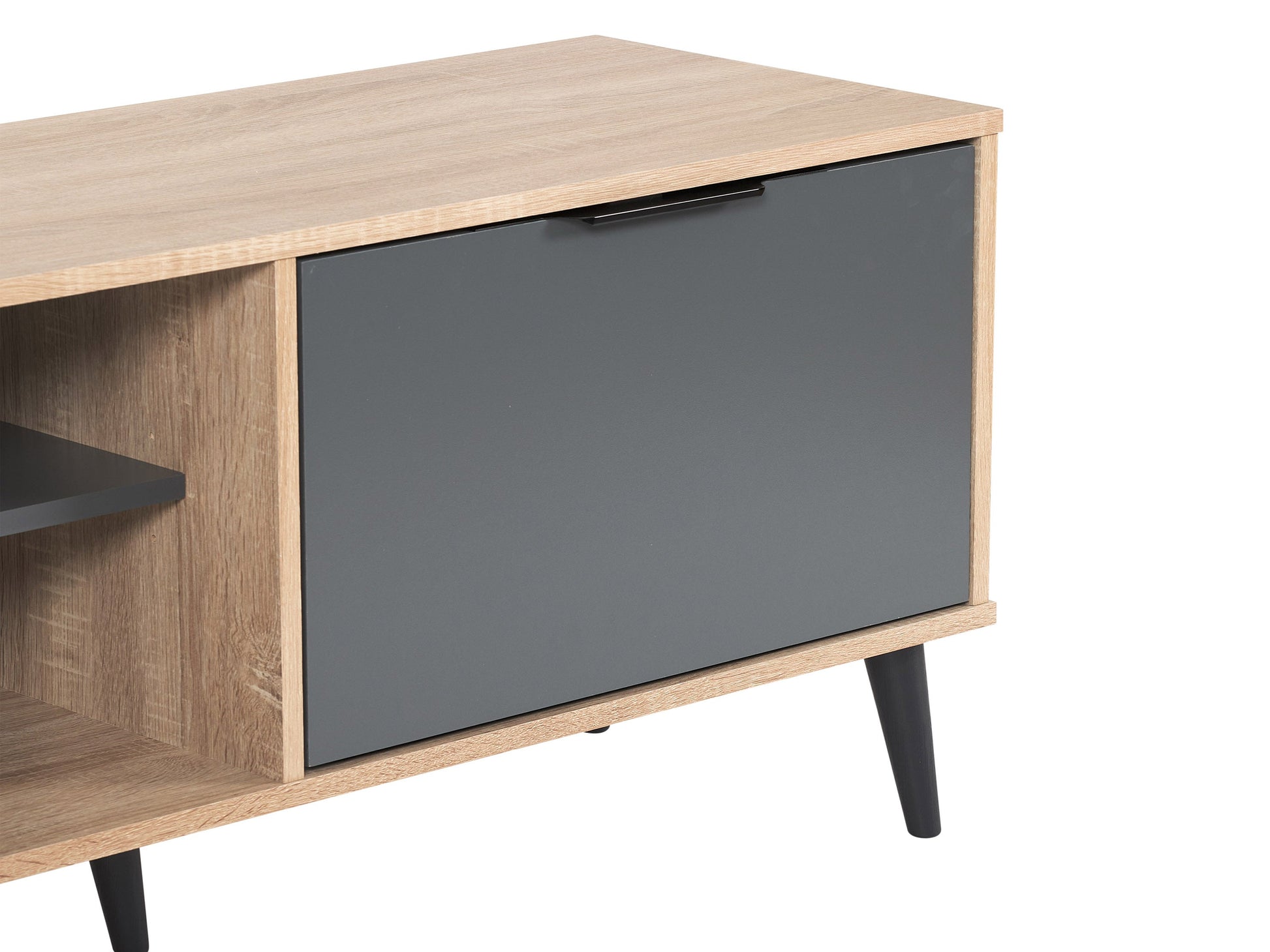 Light wood and grey TV stand with open and closed storage, fits TVs up to 85 inches.
