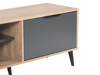 Light wood and grey TV stand with open and closed storage, fits TVs up to 85 inches.