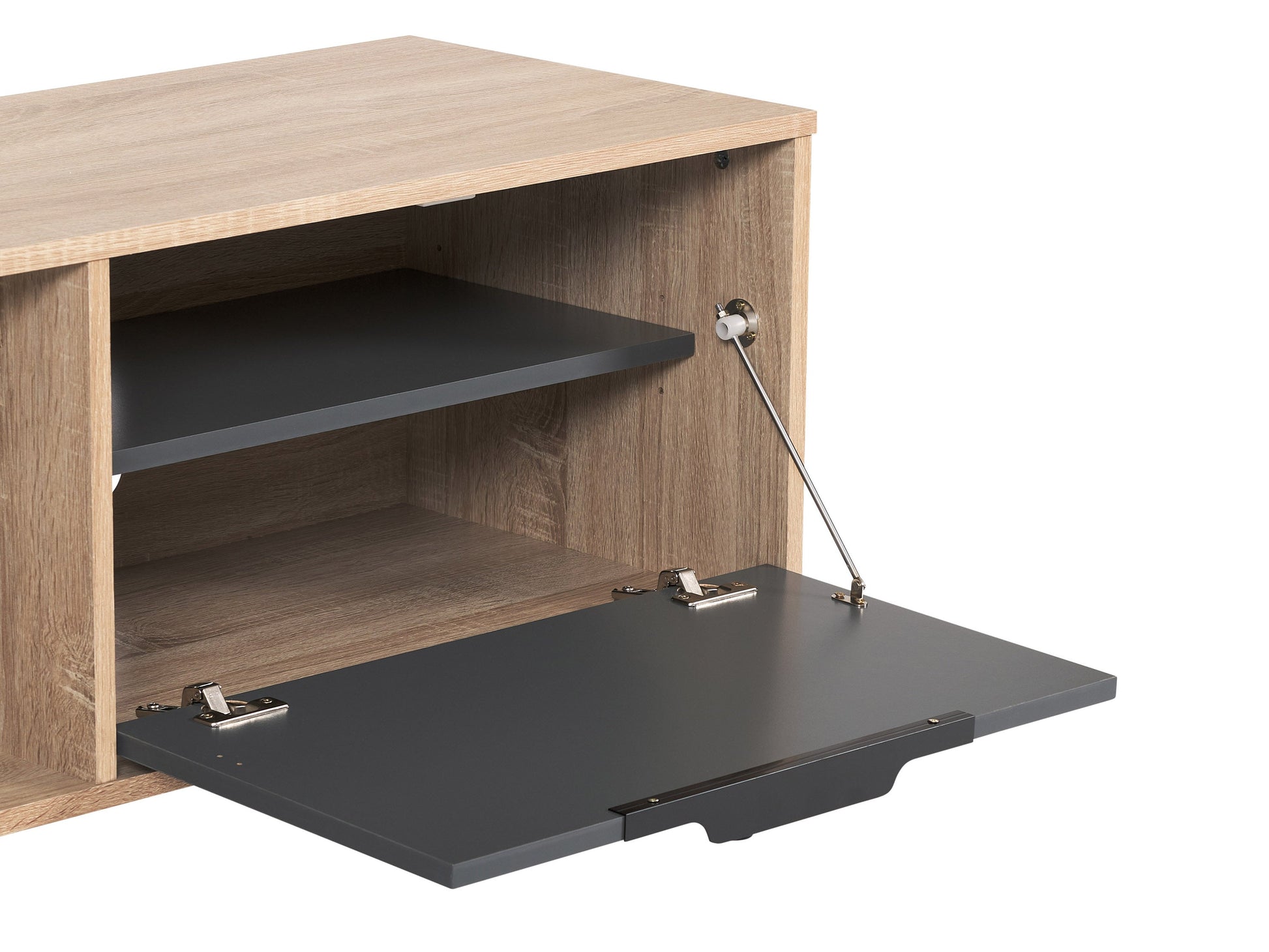 Light wood and grey TV stand with open and closed storage, fits TVs up to 85 inches.