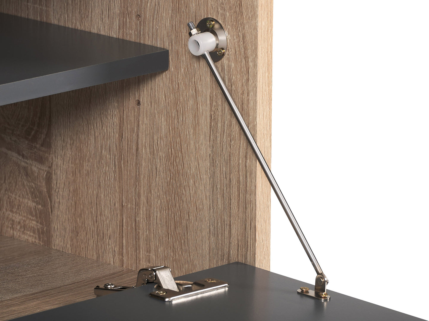 Light wood and grey TV stand with open and closed storage, fits TVs up to 85 inches.
