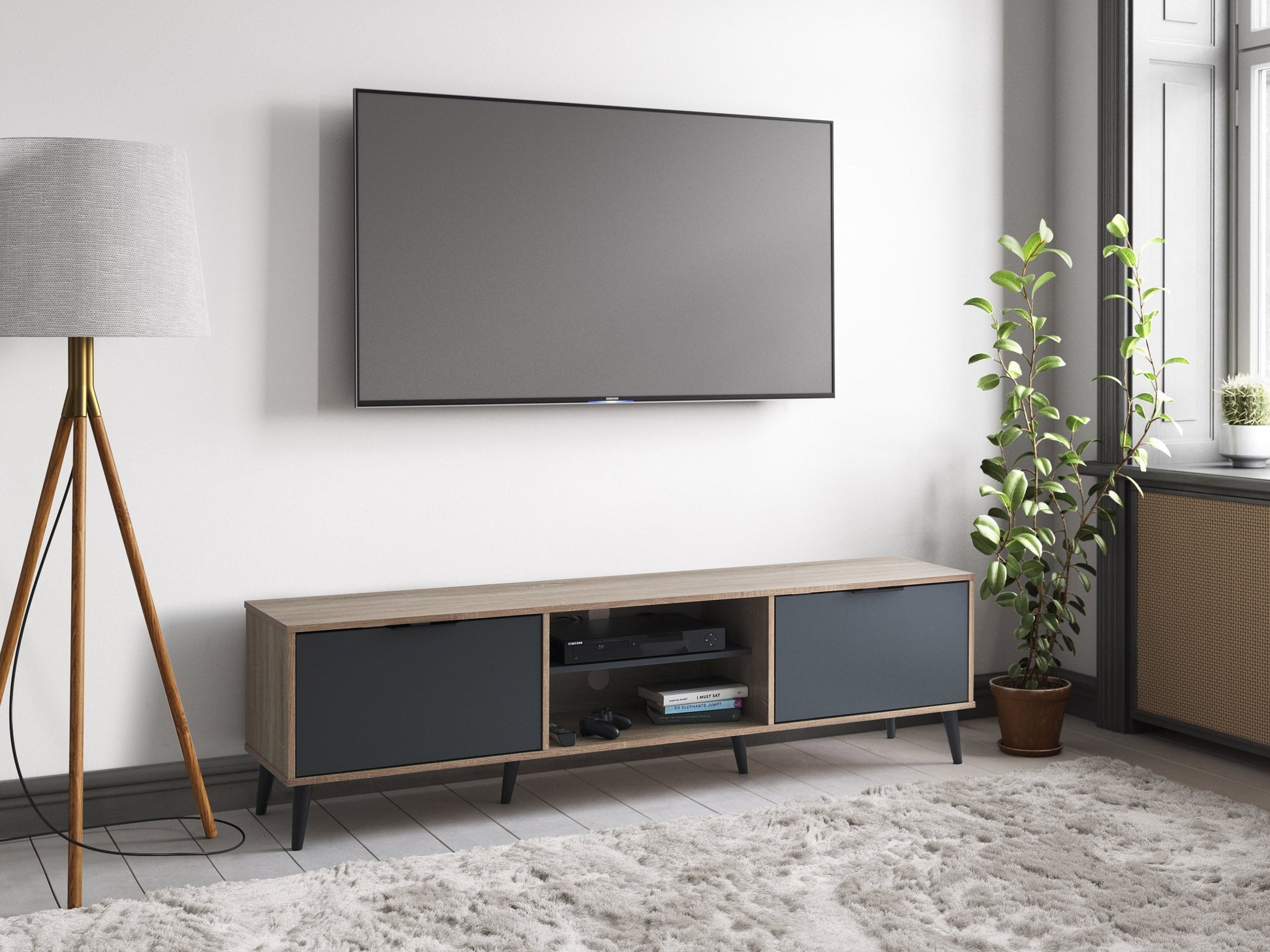 Light wood and grey TV stand with open and closed storage for TVs up to 85 inches, modern design.