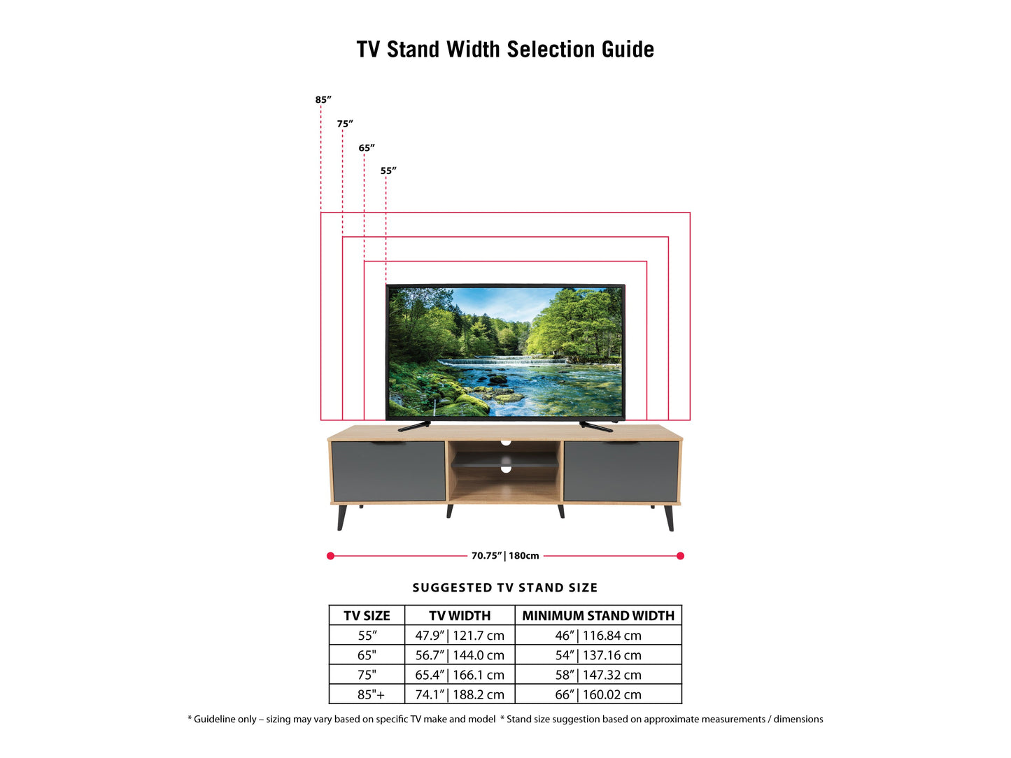 Light wood and grey TV stand with open and closed storage for TVs up to 85 inches, modern design.