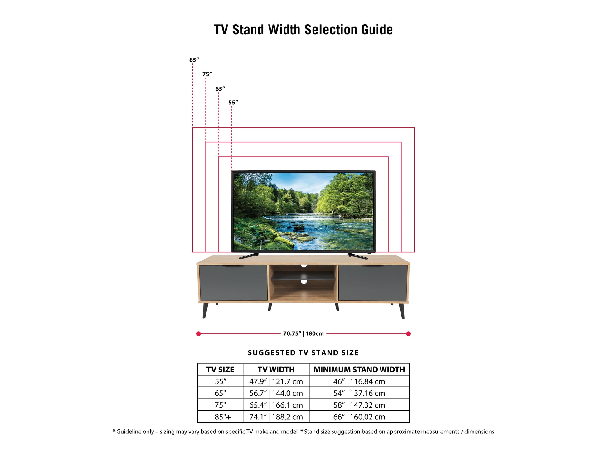 Light wood and grey TV stand with open and closed storage for TVs up to 85 inches, modern design.