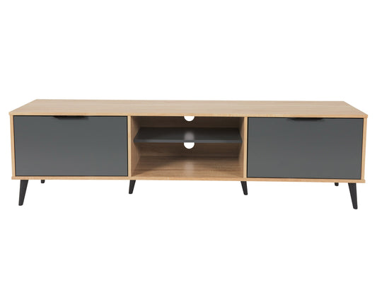 Light wood and grey TV stand with open and closed storage, fits TVs up to 85 inches, modern minimalist design.