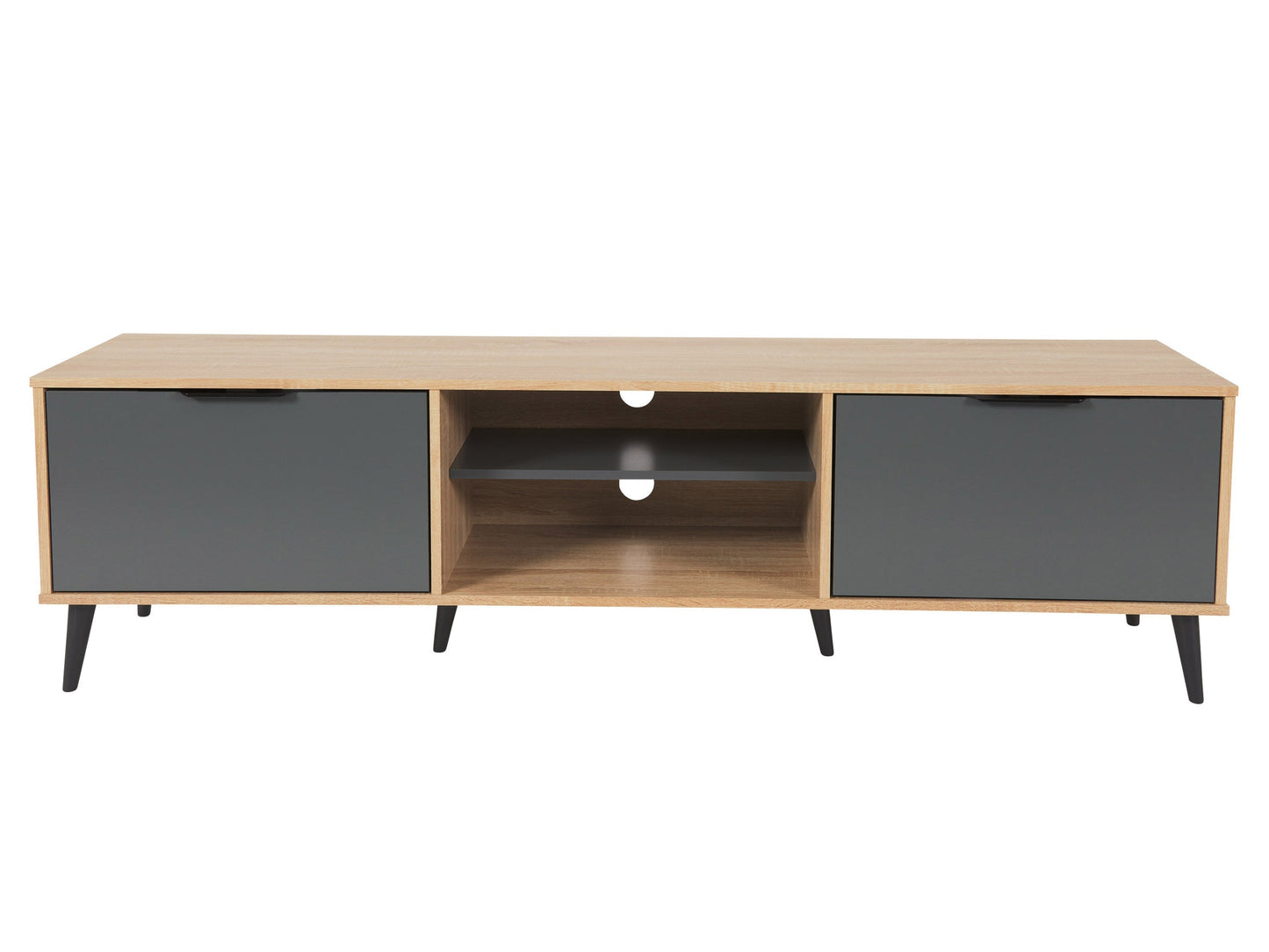 Light wood and grey TV stand with open and closed storage, fits TVs up to 85 inches, modern minimalist design.