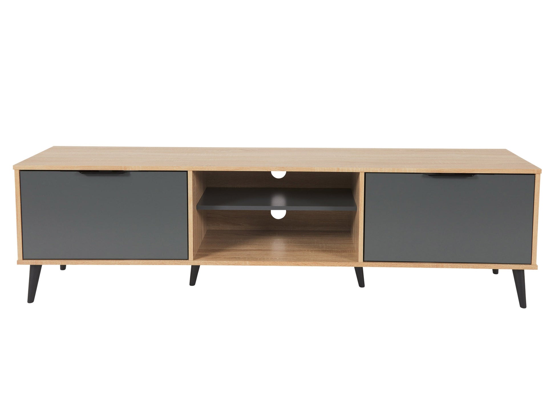Light wood and grey TV stand with open and closed storage, fits TVs up to 85 inches, modern minimalist design.