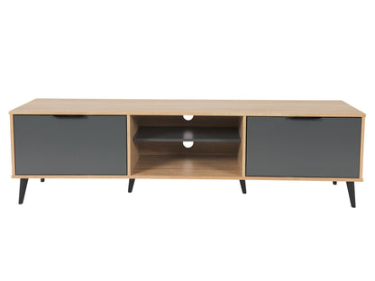 Light wood and grey TV stand with open and closed storage, fits TVs up to 85 inches, modern minimalist design.