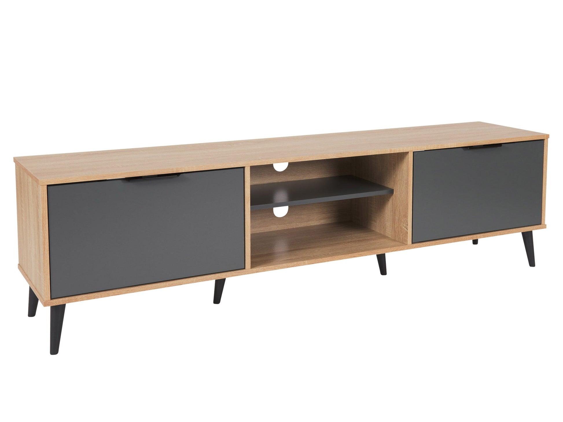 Light wood and grey TV stand with open and closed storage, fits TVs up to 85 inches, modern minimalist design.