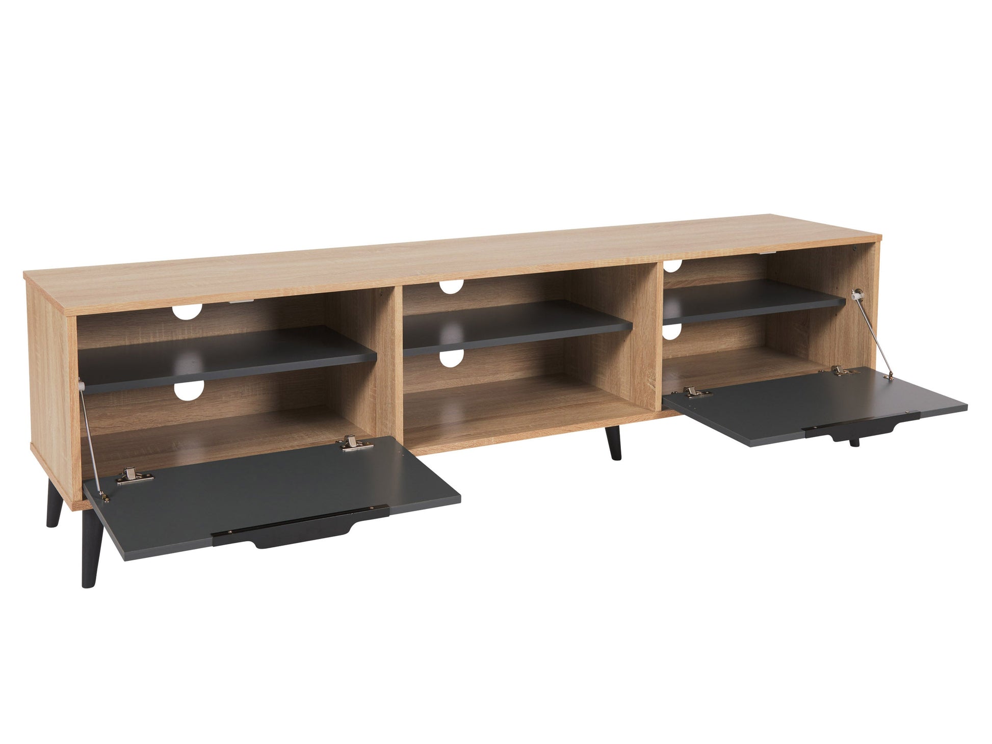 Light wood and grey TV stand with open and closed storage, fits TVs up to 85 inches, modern design.