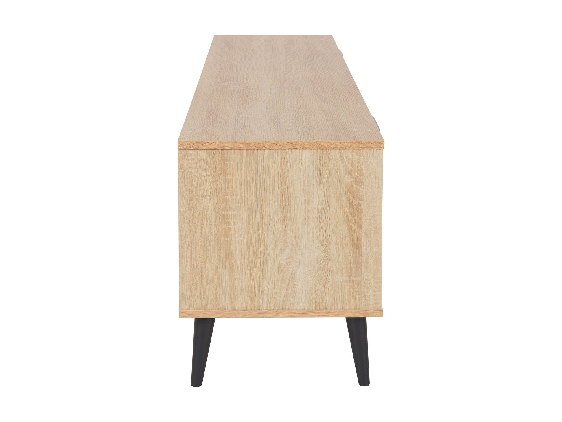 Light wood and grey TV stand with open and closed storage, fits TVs up to 85 inches, minimalist design.