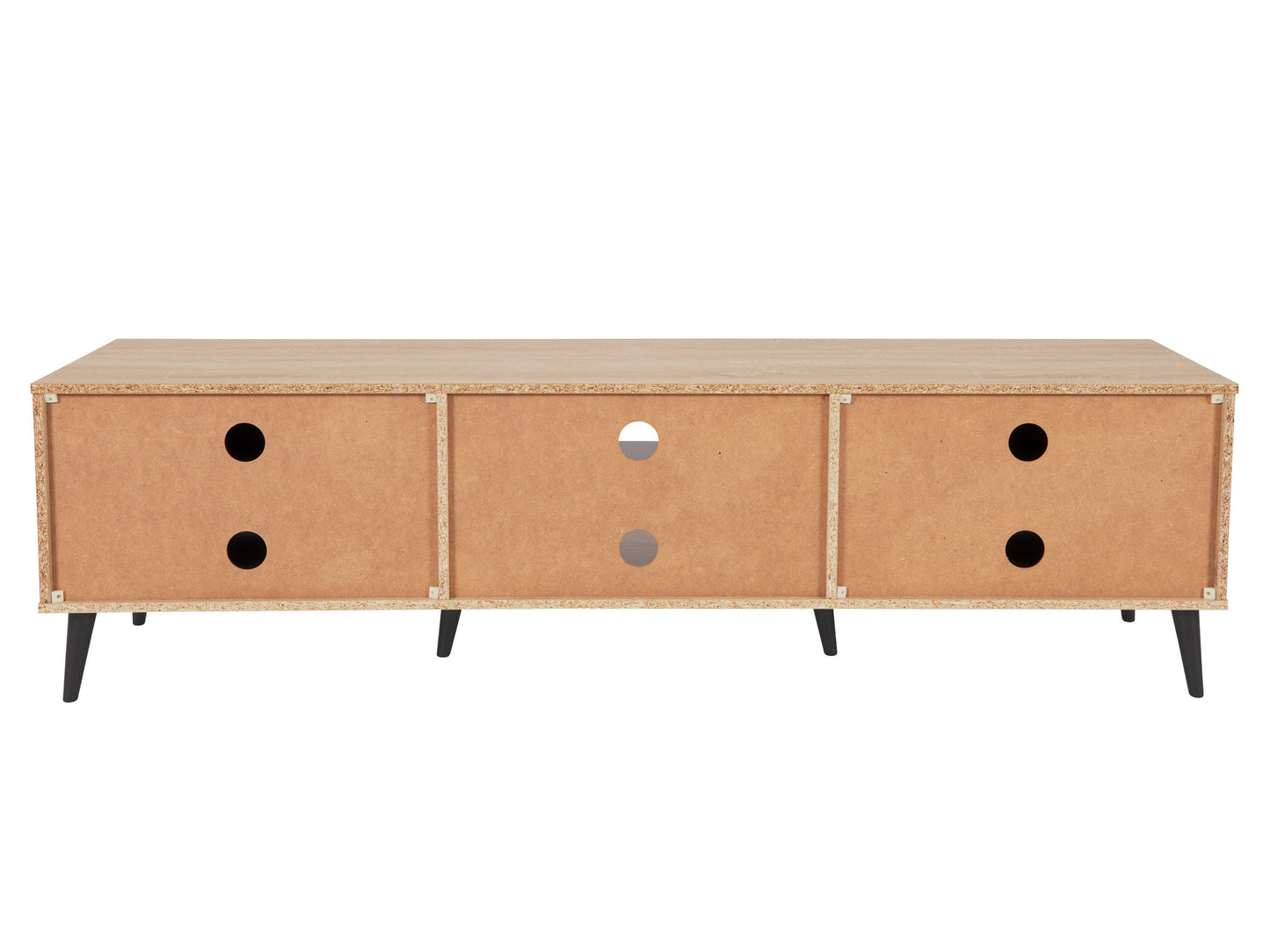 Light wood and grey TV stand with open and closed storage for TVs up to 85 inches.
