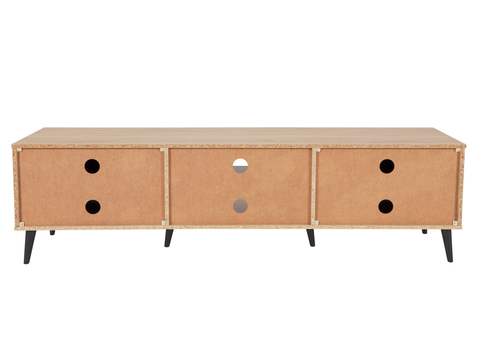 Light wood and grey TV stand with open and closed storage for TVs up to 85 inches.