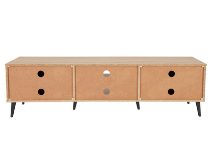 Light wood and grey TV stand with open and closed storage for TVs up to 85 inches.