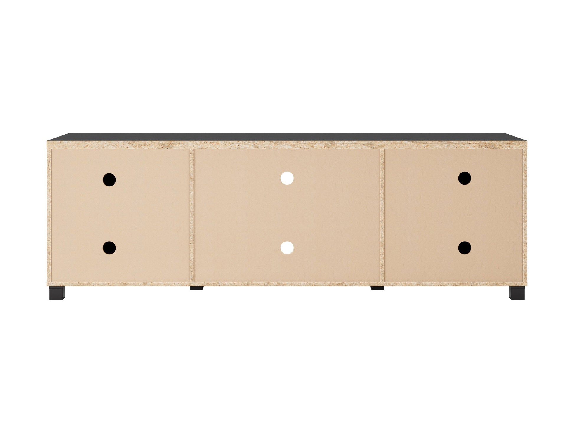 Black TV stand with doors, fits TVs up to 85 inches, sleek modern design, ample storage, sturdy construction.