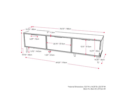 Light wood and grey TV stand with cabinet storage for TVs up to 85 inches, modern design, and minimalist style.