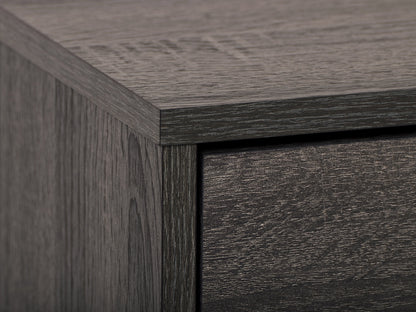 Dark grey TV stand with cabinet storage, fits TVs up to 85 inches, sleek design, sturdy construction.