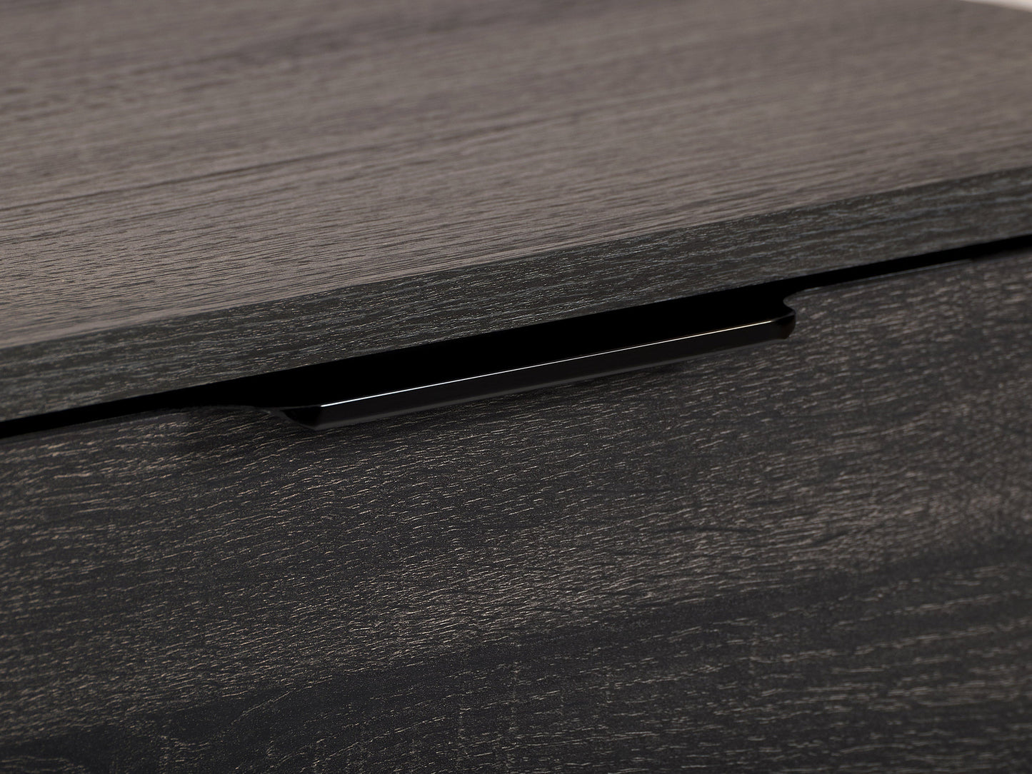 Dark grey TV stand with cabinet storage, fits TVs up to 85", modern design, sleek finish, durable construction.