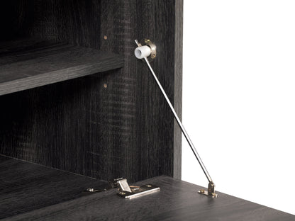 Dark grey TV stand with cabinet storage, fits TVs up to 85 inches, modern design, sleek finish, and ample storage space.