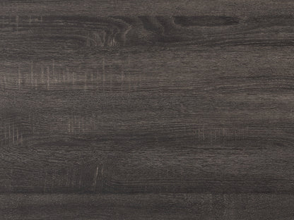 Dark grey TV stand with cabinet storage, fits TVs up to 85 inches, sleek modern design, and durable wood finish.