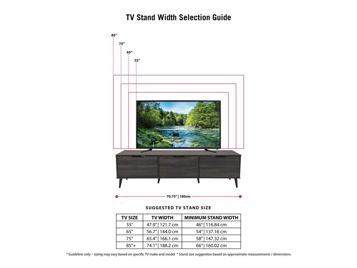 Dark grey TV stand with cabinet storage, accommodates TVs up to 85 inches, sleek design, and sturdy wooden construction.