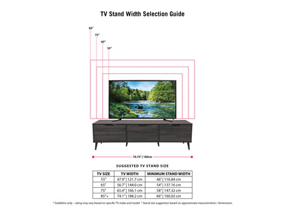 Dark grey TV stand with cabinet storage, accommodates TVs up to 85 inches, sleek design, and sturdy wooden construction.