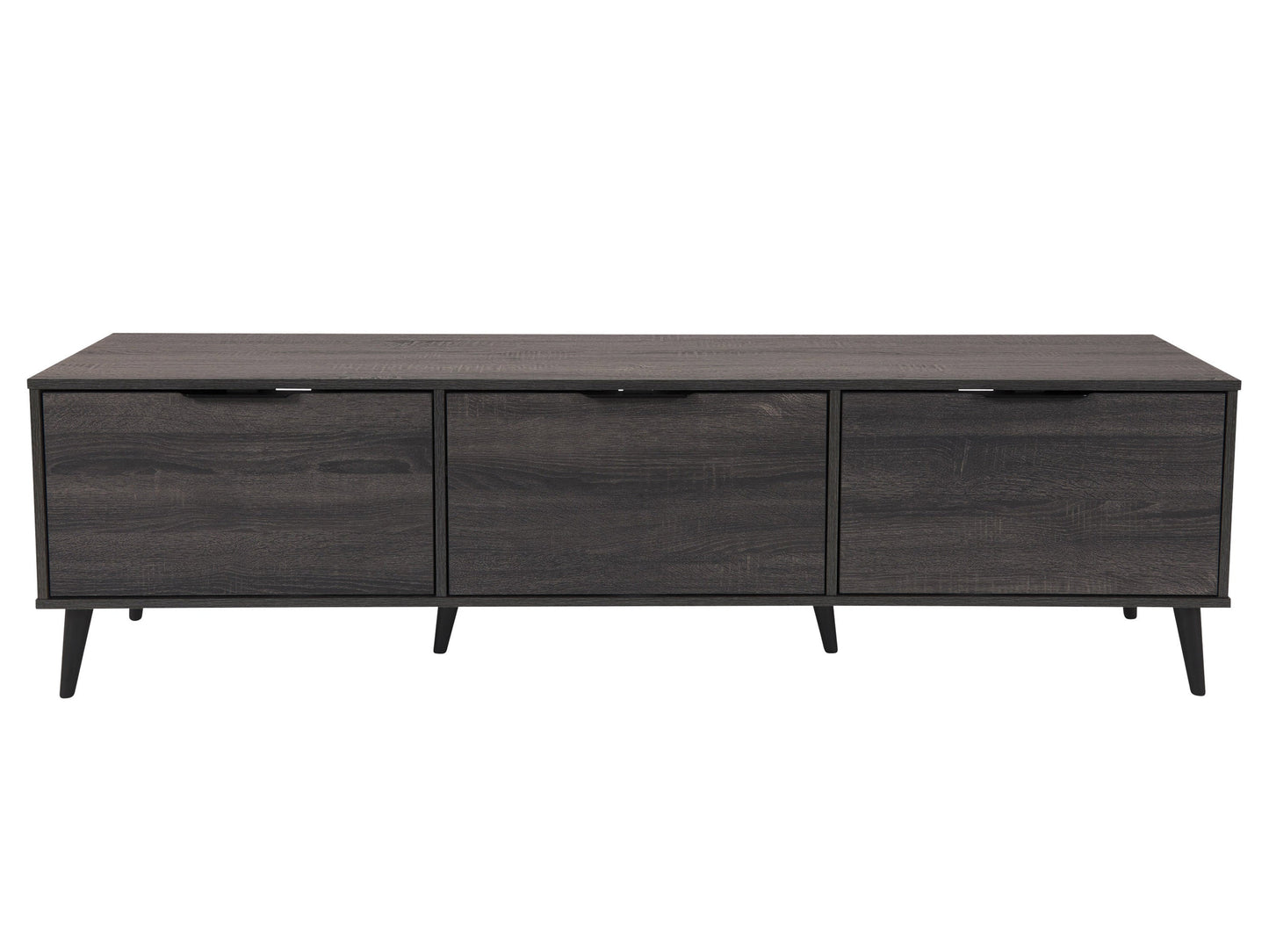 Dark grey TV stand with cabinet storage, fits TVs up to 85 inches, sleek design, modern home entertainment furniture.