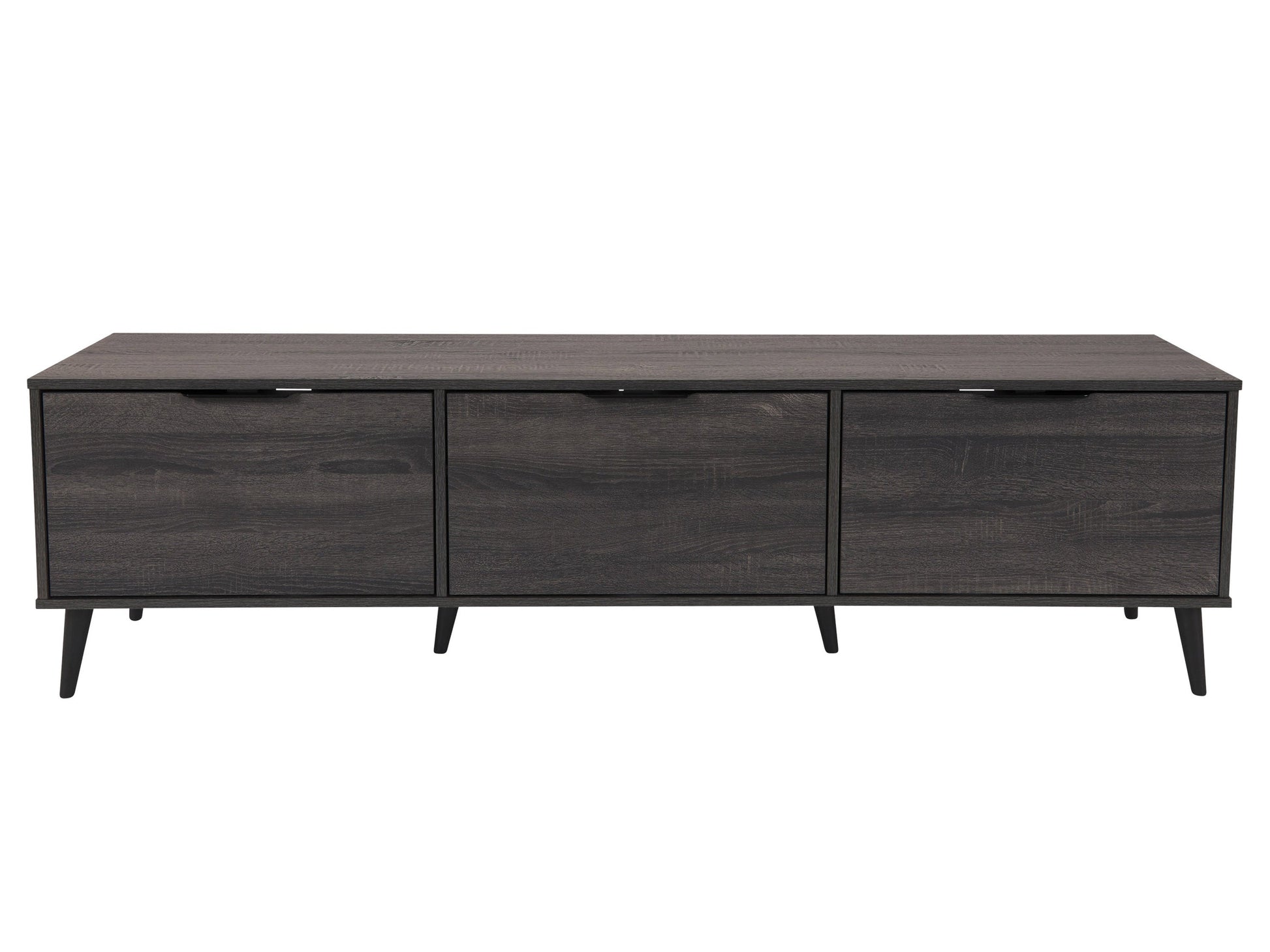 Dark grey TV stand with cabinet storage, fits TVs up to 85 inches, sleek design, modern home entertainment furniture.