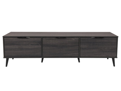 Dark grey TV stand with cabinet storage, fits TVs up to 85 inches, sleek design, modern home entertainment furniture.
