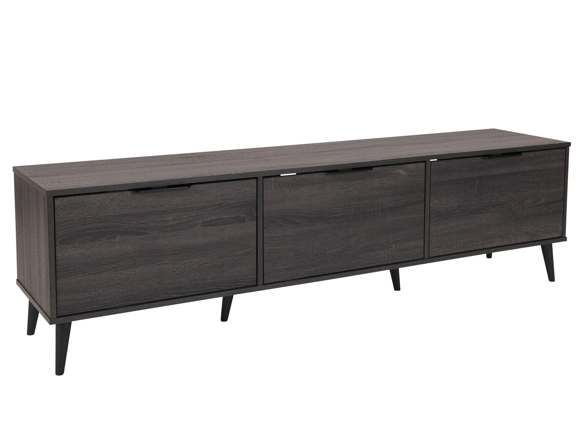 Dark grey TV stand with cabinet storage for TVs up to 85 inches, sleek design, and sturdy wooden construction.
