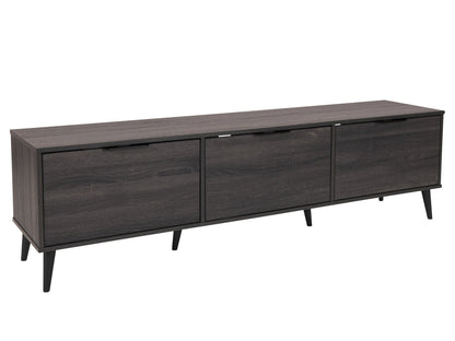 Dark grey TV stand with cabinet storage for TVs up to 85 inches, sleek design, and sturdy wooden construction.