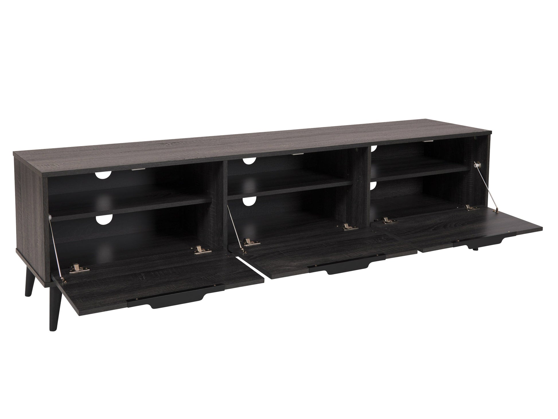 Dark grey TV stand with cabinet storage, fits TVs up to 85 inches, sleek design with ample storage space.