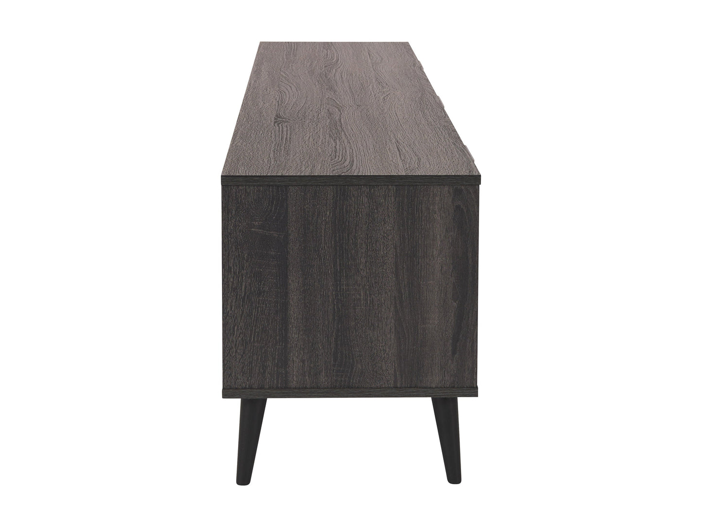 Dark grey TV stand with cabinet storage, fits TVs up to 85 inches, sleek modern design, and durable construction.