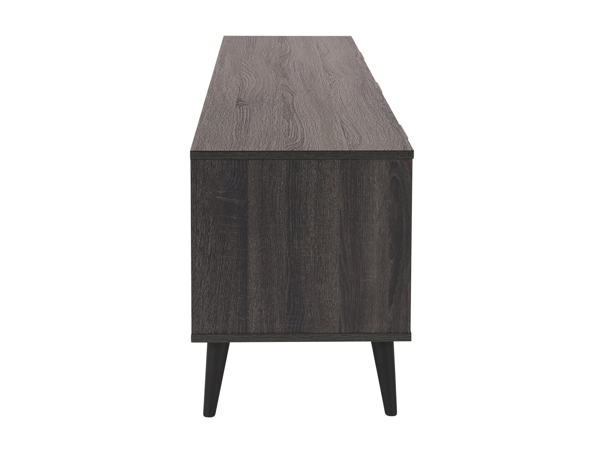 Dark grey TV stand with cabinet storage, fits TVs up to 85 inches, sleek modern design, and durable construction.
